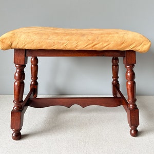 Vintage Dutch Carved Wood Stool with Leather Seat | Cottage Decor