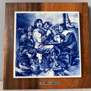 Vintage Delfts Blue Tile "The smokers" by Adriaen Brouwer, Tile Panel, Delft Blue Wall Decor, Dutch Tile