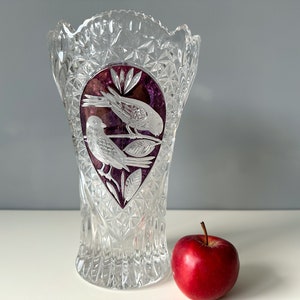 Vintage Blumenvase Birds Collection, The Ruby von HOFBAUER, Deutsche Bleiglasvase