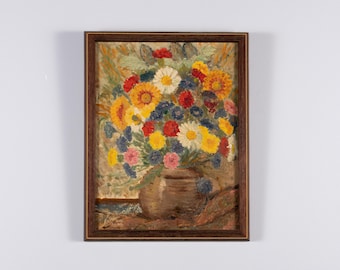 Vintage olieverfschilderij met bloemen, Nederlands bloemenstilleven, kleurrijk origineel kunstwerk, 1940