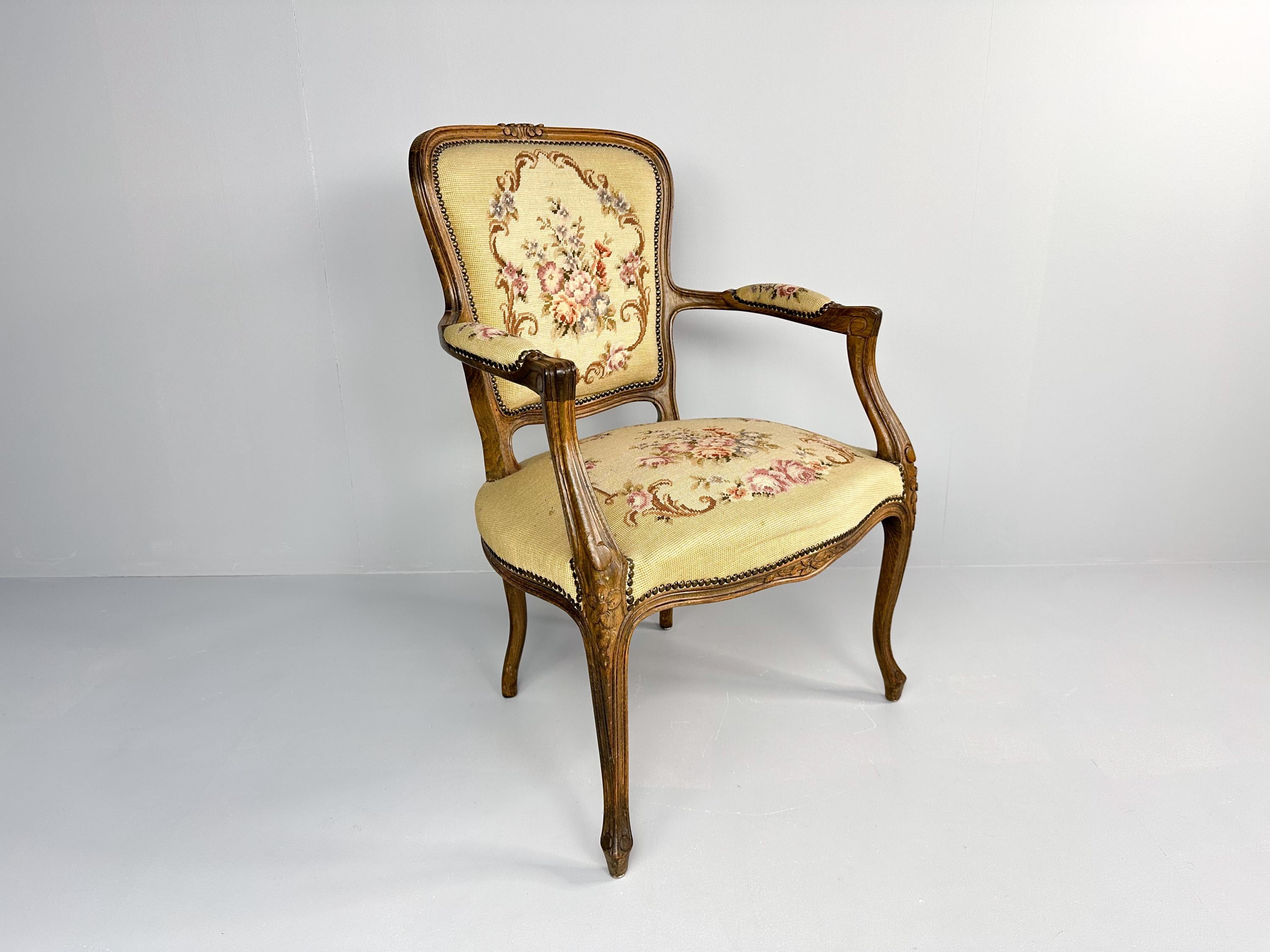 Vintage Louis XV Style Carved Walnut Chair with Needlepoint Upholstery
