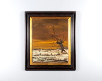 Vintage winterlandschap olieverfschilderij op canvas, ingelijst origineel kunstwerk, besneeuwd landschap