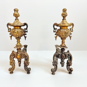 Antique Dutch Brass Andirons - Vintage Fireplace Decor, Log Holders