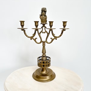 Vintage Solid Brass 4 Branch Candelabra with Lion Finial