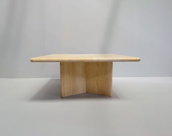 Vintage Travertine Coffee Table – Solid Square Stone Table with Cross Base – Postmodern 1970s Design