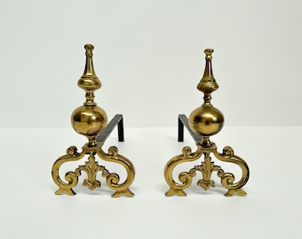 Antique Brass Andirons, Fireplace Accessories, Vintage Fireplace Decor, Fire Dogs, Log Holders