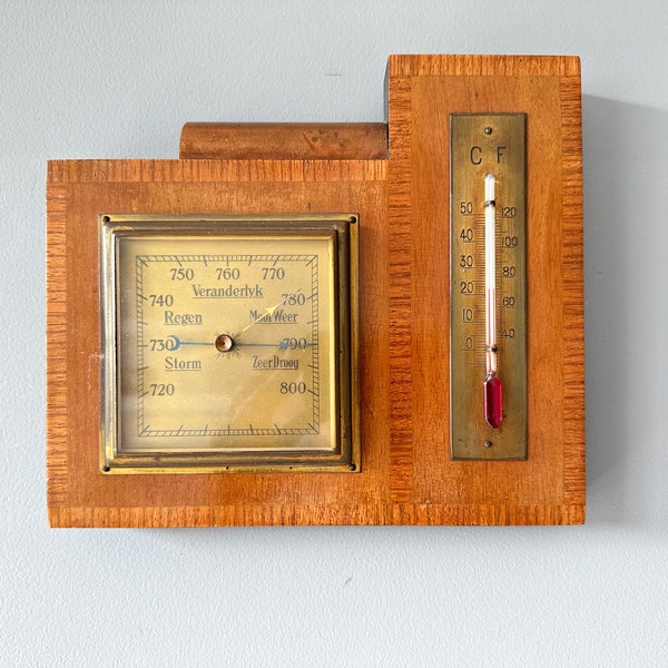 Antique Wooden Art Deco Weather Station, Barometer with Thermometer, Dutch Barometer