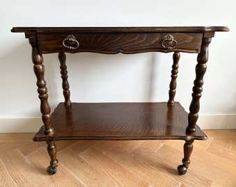 Vintage Carved Oak Hall/Side Table on Wheels with a Drawer, Hall Stand, Occasional Table