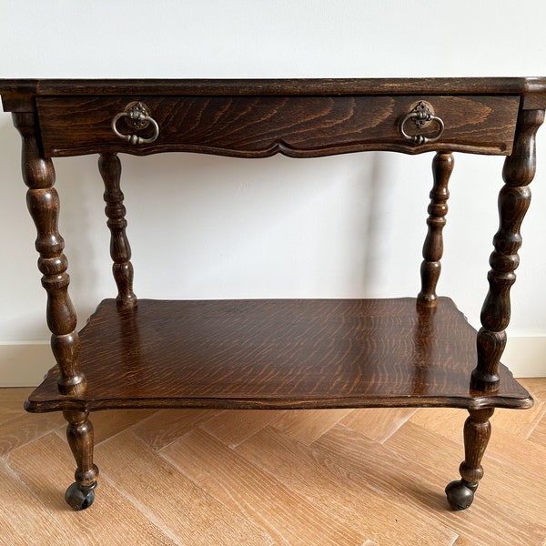 Vintage Carved Oak Hall/Side Table on Wheels with a Drawer, Hall Stand, Occasional Table