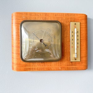 Vintage Wooden Art Deco Weather Station, Barometer with Thermometer, Dutch Barometer