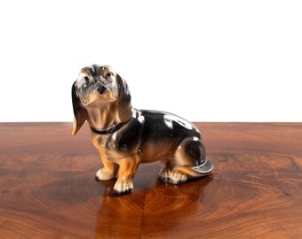 Vintage glaserad keramisk hundskulptur, dekorativ figurin från mitten av århundradet