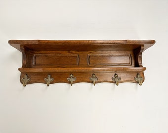 Vintage Dutch Wall Coat Rack, Carved Wood Coat Rack with Shelf