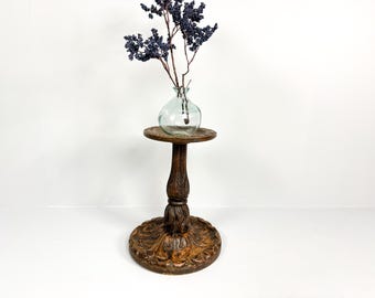 Antique Wooden Plant Stand with Carved Decor, Wooden Pedestal