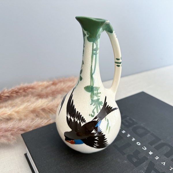 Vintage Hand-painted Vase by PZH - Plateelbakkerij Zuid-Holland, Art Nouveau Gouda Vase, Vase with Bird Decor, Dutch Pottery