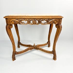 Vintage Marble Top Side Table with Carved Decor | Console Table