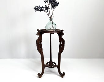 Vintage Wood and Marble Plant Stand | Wooden Pedestal Jardiniere Table