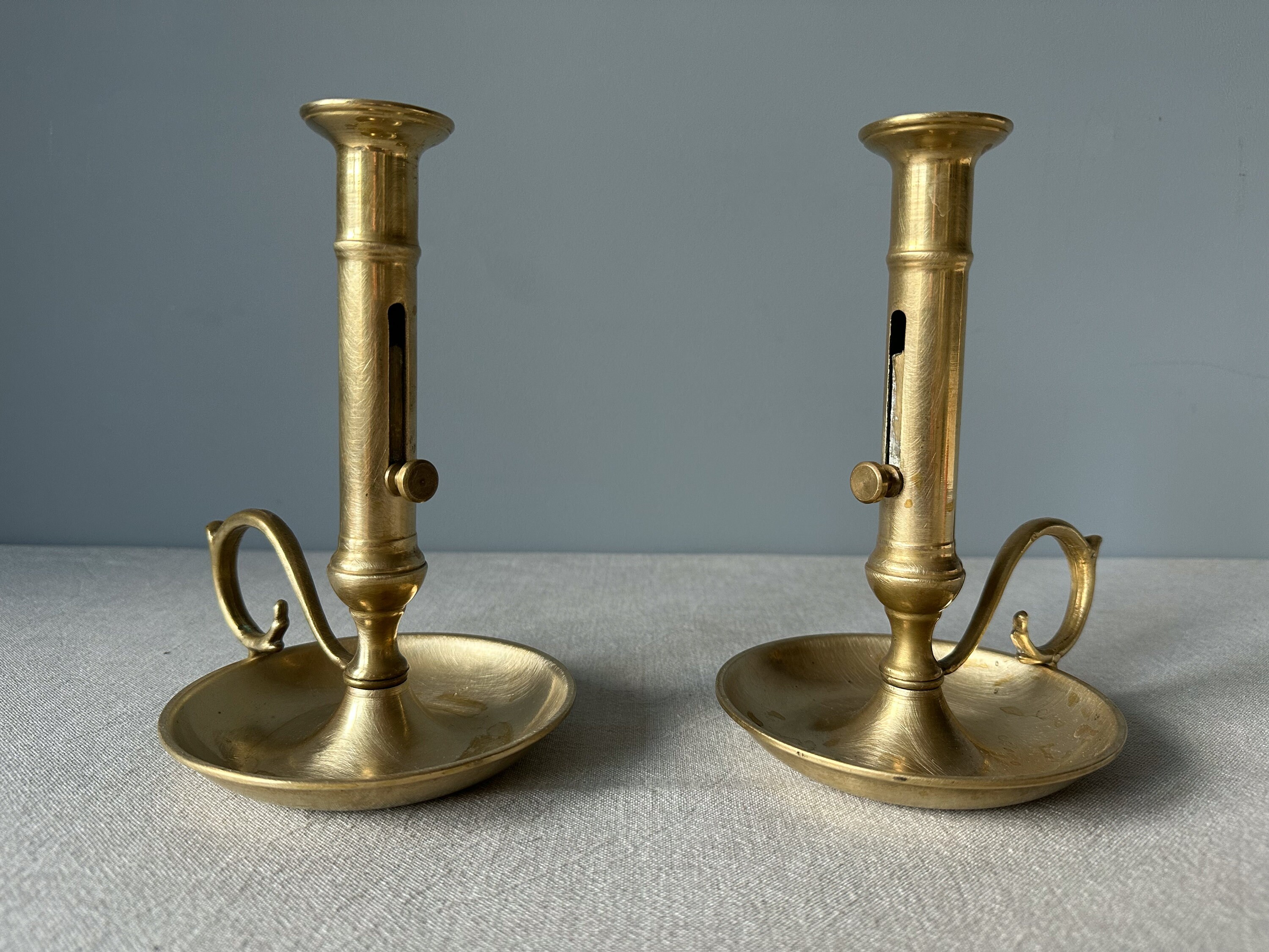 Vintage Set of 2 Brass Candle Holders Chamberstick Push Up Etsy
