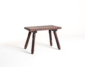 Vintage Rustic Hand-Carved Wooden Stool / Small Primitive Table