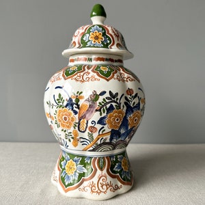 Antique Rare Delft Polychrome Hand-painted Lidded Vase, Delft Polychrome Ginger Jar, Delft Polychrome Urn