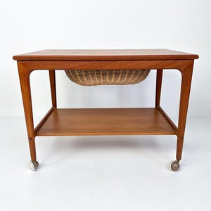 Mid-century Teak Sewing Table or Bar Cart with Slide Out Basket