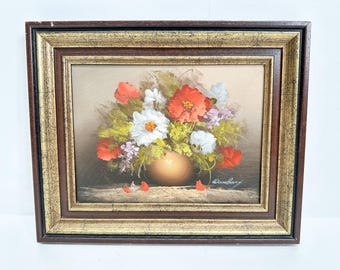 Vintage Ölgemälde: Stillleben Blumenstrauß in Holzrahmen