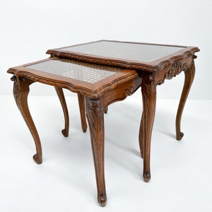 Vintage Set of 2 Nesting Tables with Cane and Glass Top | Queen Anne Revival Style