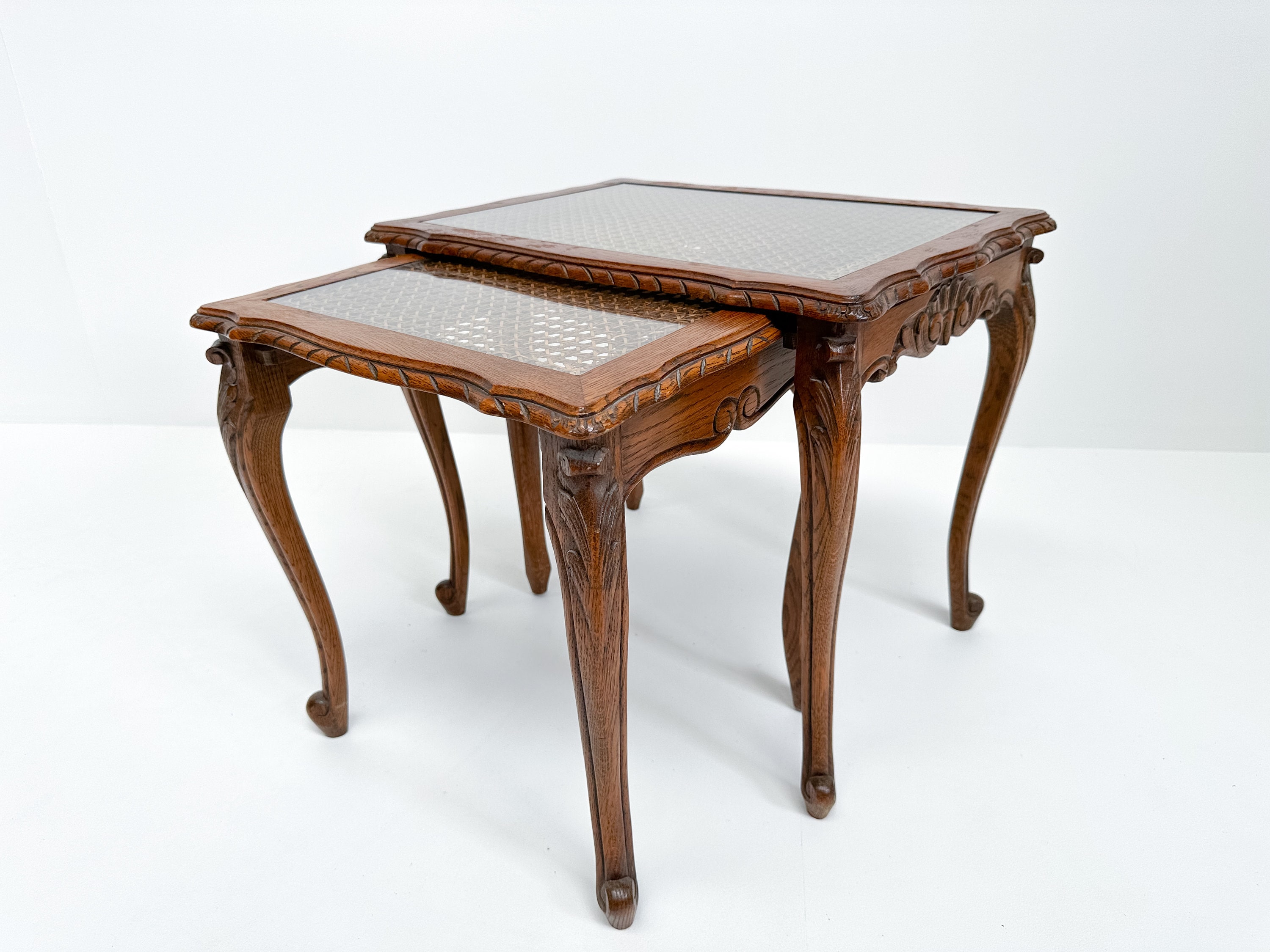 Vintage Set of 2 Nesting Tables With Cane and Glass Top Queen Anne Revival Style Etsy