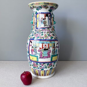 Vintage Famille Rose Medallion Vase: Hand-Painted Chinoiserie, 18&quot; High