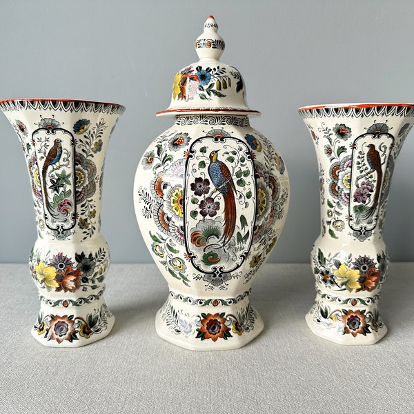 Vintage DELFT Polychrome 11.6" Garniture Vases, Delft Maastricht, Dutch pottery, Delft Ginger Jar, Delft Urn, Delft Vase