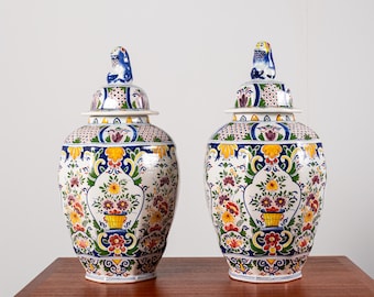 Antique Boch Frères Delft Vases – Pair of Lidded Faience Jars with Lion Finials