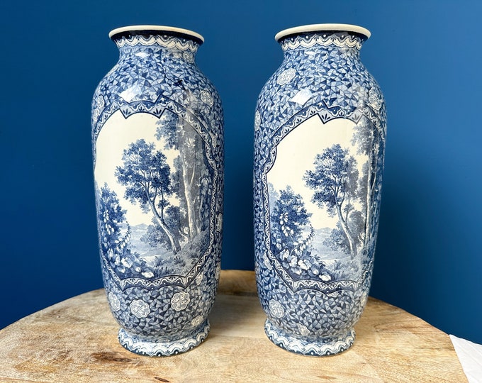 Antique Rare Pair of Villeroy and Boch Vases, 12.5 High, Flamand Blue