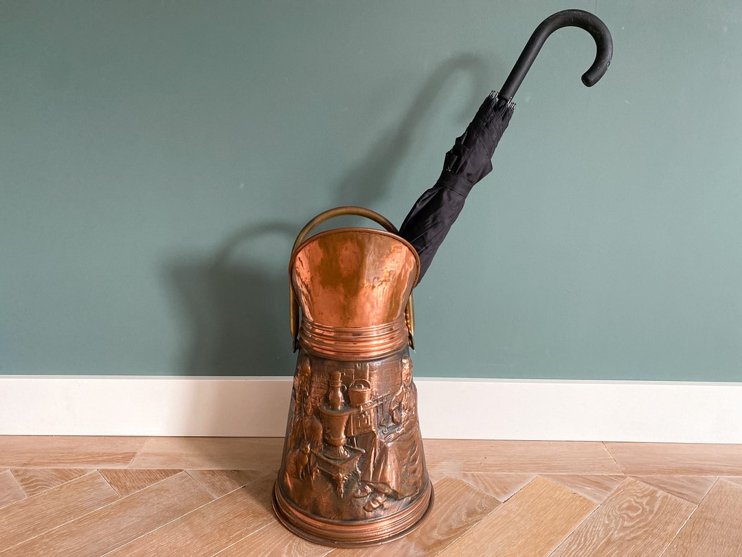Vintage Copper Umbrella Holder With Embossed Decoration, Antique