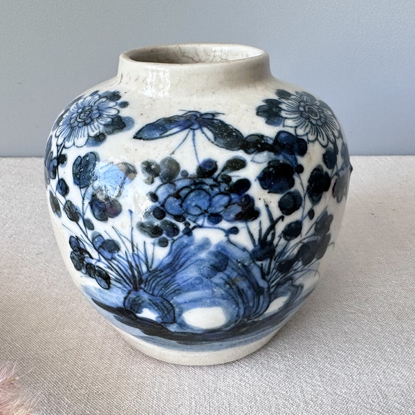Pot chinois antique, pot chinois du 19ème siècle, 5,2 « de haut, vase chinois, vase chinois antique, vase chinois bleu et blanc