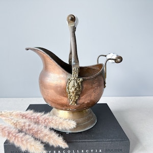 Antique Dutch Brass Coal Bucket with Delft Blue Handle: Fireplace Decor
