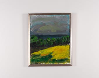 Vintage Zweeds modernistisch landschapsschilderij, expressief geel veld, Scandinavische kunst