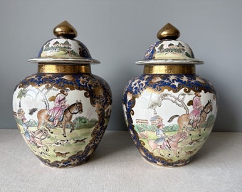 Vintage Pair of Matching Hand-Painted Chinese Baluster Jars or Urns with Lids, Chinoiserie, Oriental Home Decor