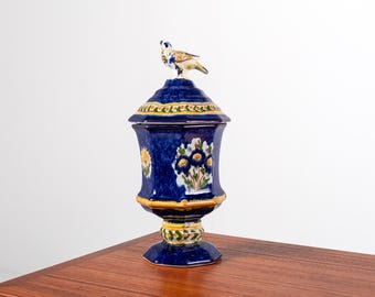 Antique BOCH Frères Keramis Lidded Vase with Bird Finial – Hand-Painted Faience, Belgium