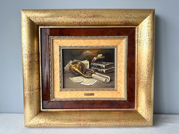 J.リポル作 ヴィンテージトランペット静物油絵 金箔額縁（18x20 