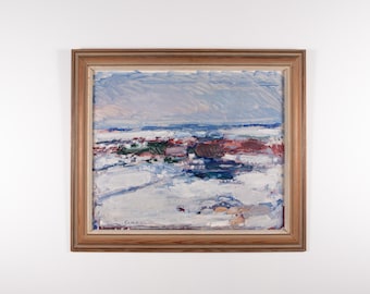Vintage expressionistisch winterlandschap olieverfschilderij, besneeuwd dorp, origineel kunstwerk