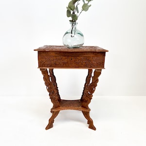 Vintage Indonesian Carved Peacock Sewing Table | Side Table, 19th Century