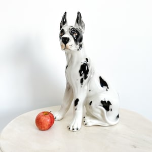 Könnte beinhalten: Eine Keramikfigur eines schwarz-weißen Doggenhundes, der auf einer weißen Oberfläche sitzt. Der Hund hat schwarze Flecken und eine schwarze Nase. Vor dem Hund liegt ein roter Apfel.