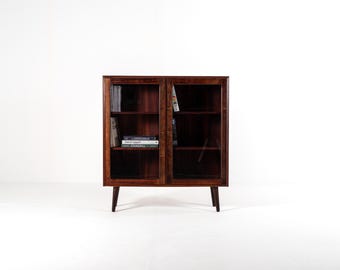 Mid Century Modern Rosewood Glass Cabinet, 1960s Scandinavian Bookcase on Legs