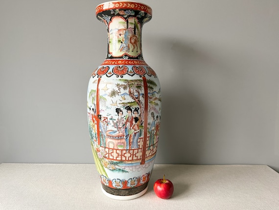 Vintage chinesische Vase, 60 cm hoch, Chinoiserie Vase, chinesische Bodenvase, große orientalische Vase