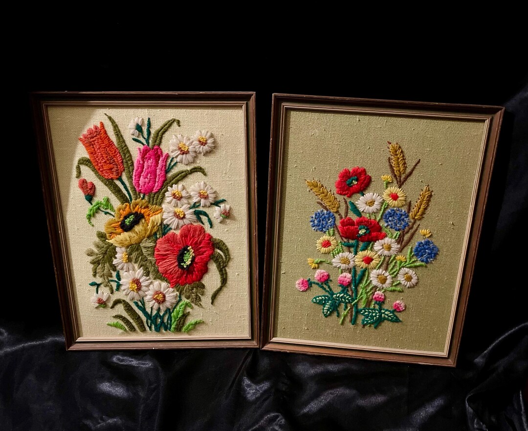 Vintage Set of Framed Floral Boho Needlepoint Wall Decor UV Reactive - Etsy