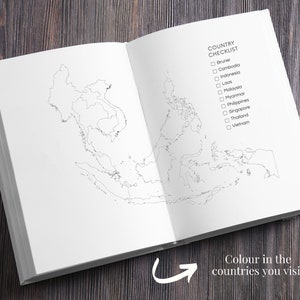 May include: A black and white outline map of Southeast Asia with a checklist of countries to color in. The checklist includes Brunei, Cambodia, Indonesia, Laos, Malaysia, Myanmar, Philippines, Singapore, Thailand, and Vietnam.