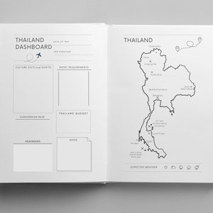 May include: A black and white map of Thailand with a dotted line showing a possible travel route. The map includes major cities and islands. The page also includes sections for trip planning, including culture do's and don'ts, entry requirements, conversion rate, budget, reminders, and notes. The bottom of the page shows expected weather icons.