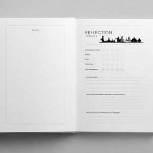 May include: A black and white illustration of the Bangkok skyline with the text "REFLECTION THAILAND" above it. A rating system with five stars for friendliness of locals, safety, food, attractions, and overall experience. A space for overall thoughts, what you liked most about the trip, and what you would do differently if you went again.