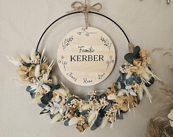 Krans van gedroogde bloemen voor de ingang | Gepersonaliseerde houten schijf | Hangende krans | Eucalyptuskrans | Krans voor de voordeur | Welkomstkrans