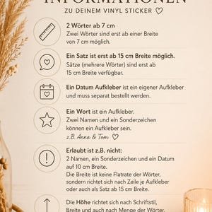 May include: An informational sign with dark brown text on a light background titled Wichtige INFORMATIONEN ZU DEINEM VINYL STICKER. It lists guidelines for vinyl sticker orders using icons for measurements, dates, and text, including specific width requirements in centimeters.