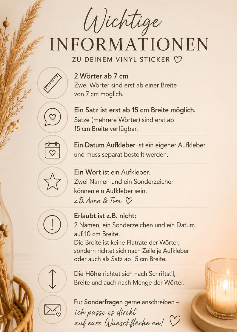 May include: An informational sign with dark brown text on a light background titled Wichtige INFORMATIONEN ZU DEINEM VINYL STICKER. It lists guidelines for vinyl sticker orders using icons for measurements, dates, and text, including specific width requirements in centimeters.
